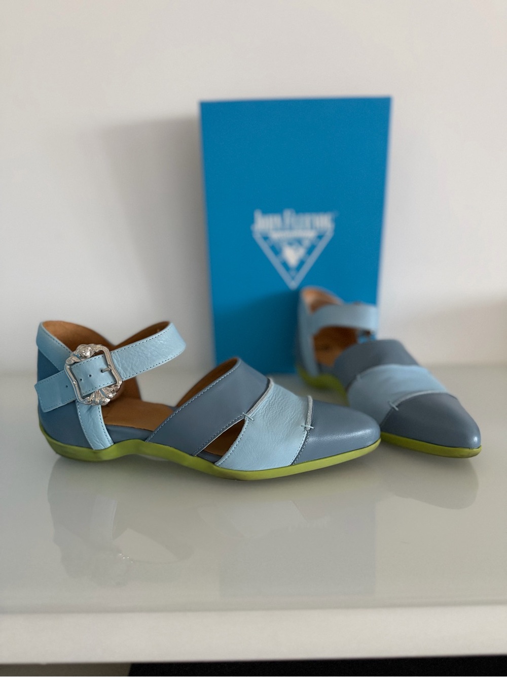John Fluevog Two-Tone Blue Leather Flats with Lime Sole